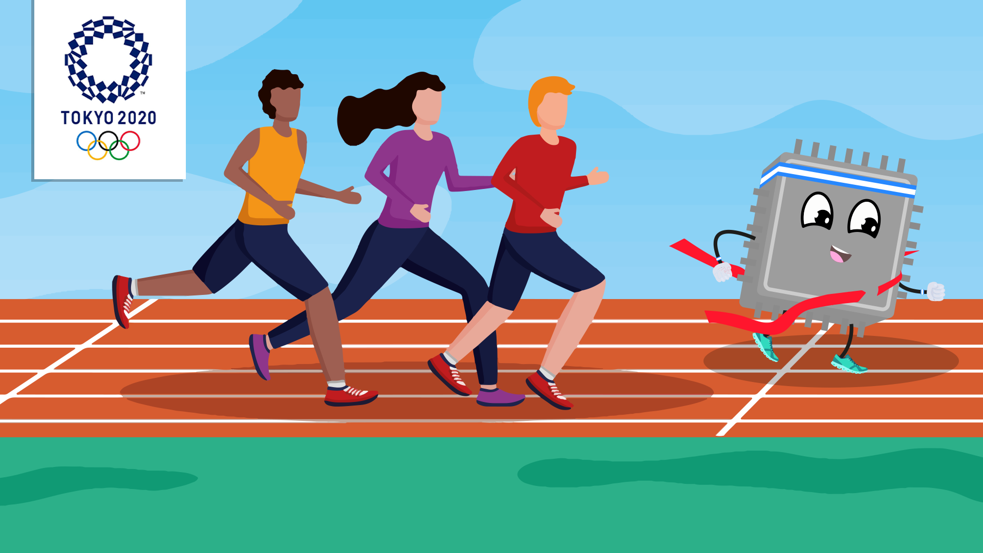 Four runners race on a track beside a Tokyo 2020 Olympics sign; a smiling cartoon microchip is crossing the finish line ahead of the runners.