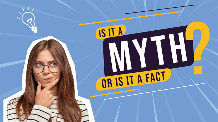 A young woman with glasses and long brown hair looks thoughtful, touching her chin. Next to her, bold text reads "IT myths: Is it a myth? Or is it a fact?" on a blue background with graphic elements.