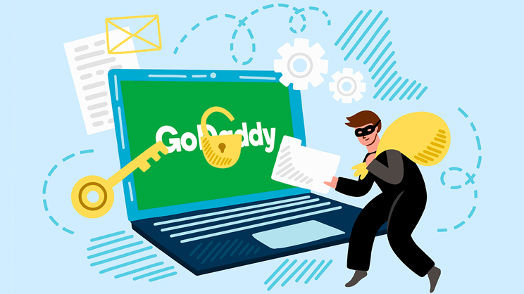 Illustration of a laptop displaying the GoDaddy logo, with a large golden key and unlocked padlock. A masked thief carrying a sack and a document stands next to the laptop, hinting at a potential GoDaddy data breach or hacking incident.