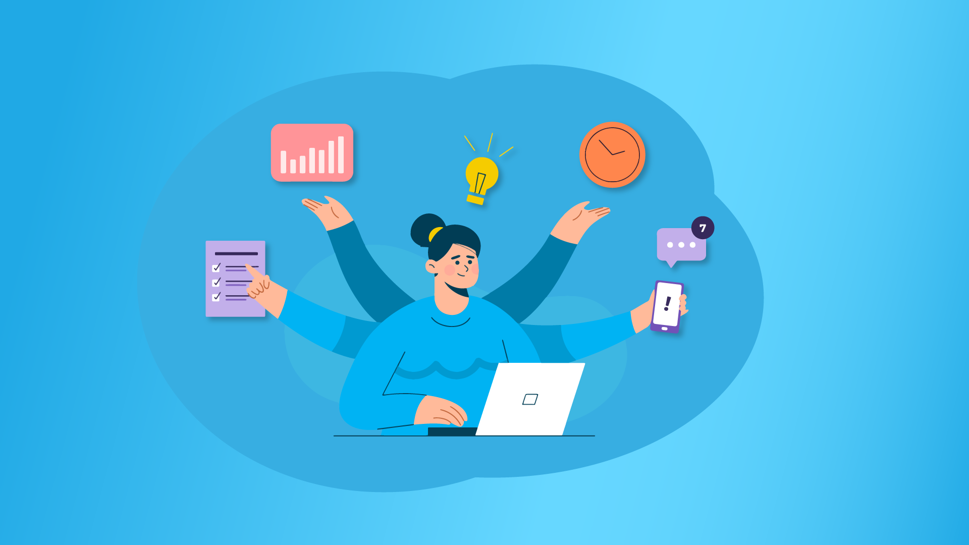 A woman sits at a desk with a laptop, appearing to multitask with multiple arms holding a phone, checklist, chart, clock, and lightbulb icon—like managing multiple desktops. The background is blue with abstract shapes.