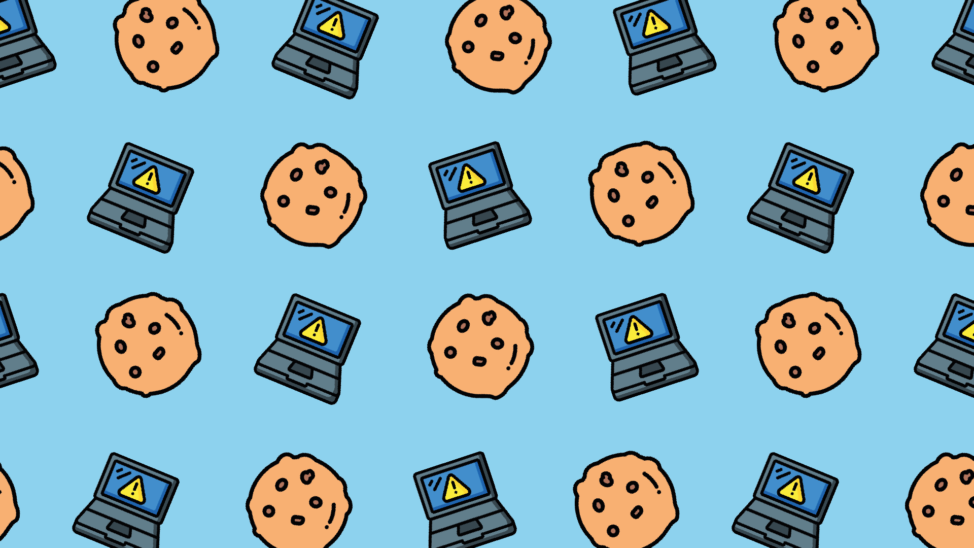 Seamless pattern of cookies and laptops displaying warning symbols on a light blue background, blending sweet treats with digital alerts.