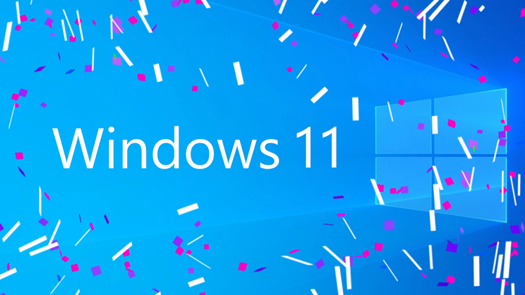 Blue Windows 11 background with a white Windows logo on the right and "Windows 11" text in the center, overlaid with festive white and pink confetti for a vibrant Windows 11 celebration.