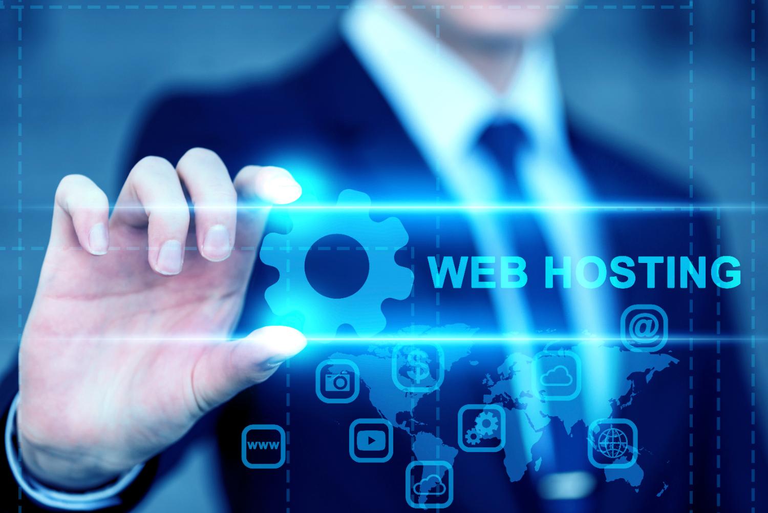 A person in a suit touches a virtual gear icon marked "WEB HOSTING." Blue digital graphics, such as app icons and a world map, highlight the innovative world of web hosting in the background.